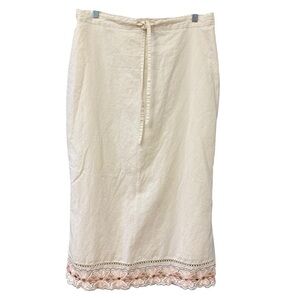 Y2K Linen Midi Skirt Embroidered Hem Drawstring Women’s XL Coastal Cottagecore